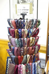 An cornucopia of ties in every imaginable pattern and fabric can be found for the low low cost of $1 in the Dean of Student's office.   All proceeds go to the Mission Collections.